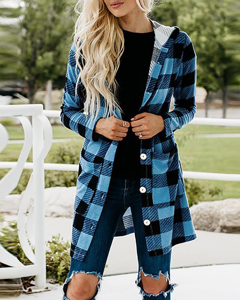 

Plaid Print Buttoned Long Sleeve Hooded Coat, Blue