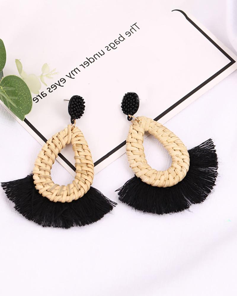 

1Pair Braided Waterdrop Tassel Design Drop Earrings, Black