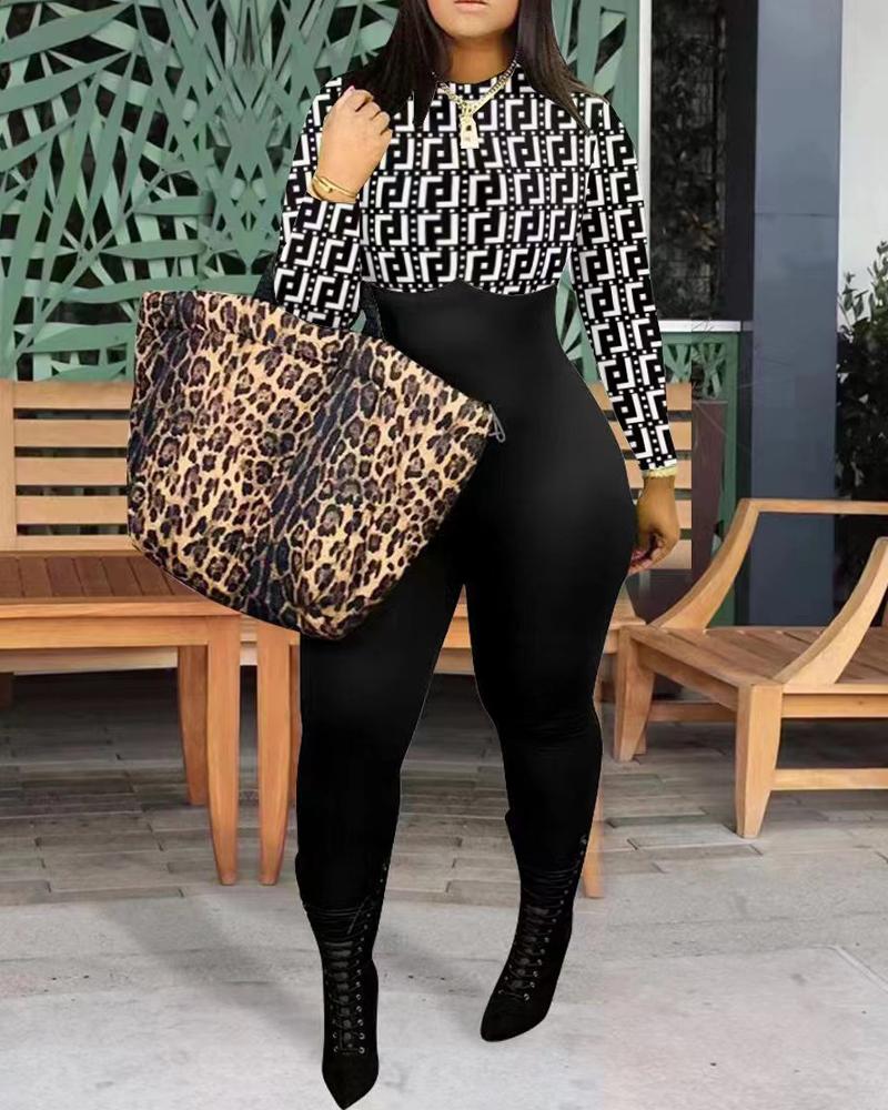 

Plus Size Geometric Print Long Sleeve Jumpsuit, Black
