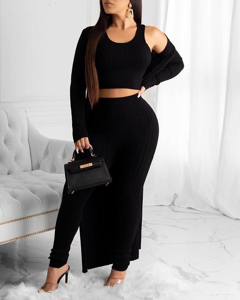 

3PCS Ribbed Crop Tank Top & Pants Set With Longline Coat, Black