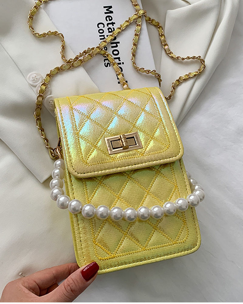 

Quilted Twist Lock Flap Shoulder Bag With Pearls Decor Handle, Yellow