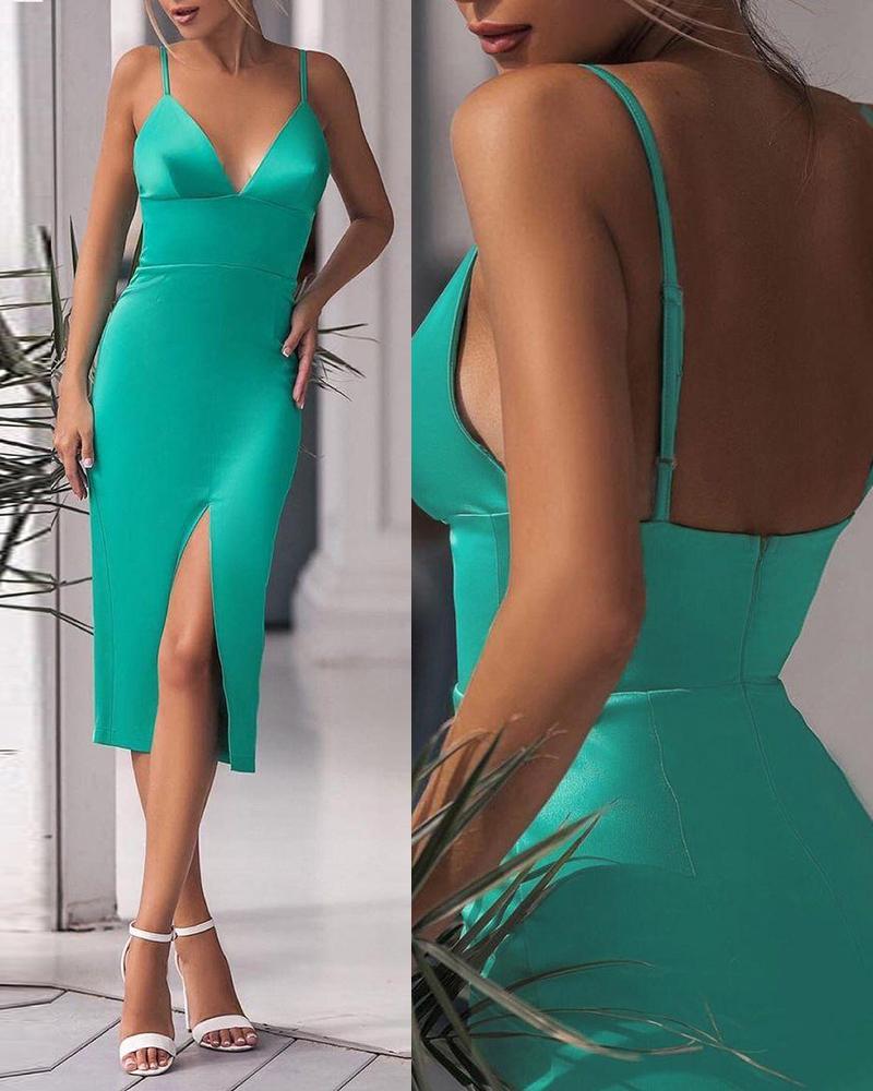 

Satin Zipper Design High Slit Party Dress, Green