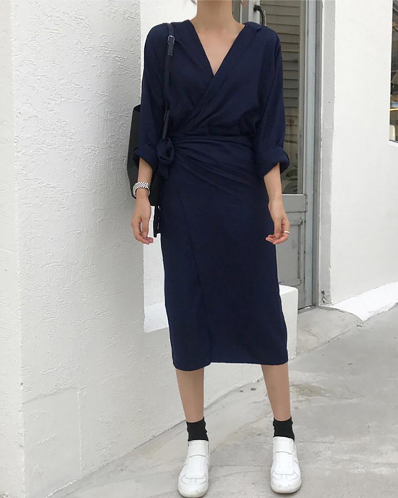 

Long Sleeve High Slit Tied Detail Dress, Purplish blue