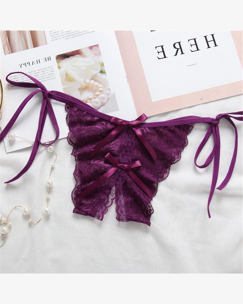 

Skinny Lace Lace-up Thong Panties, Purple