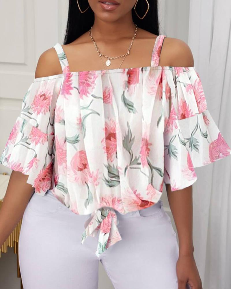 

Cold Shoulder Floral Print Tie Front Bell Sleeve Top, White