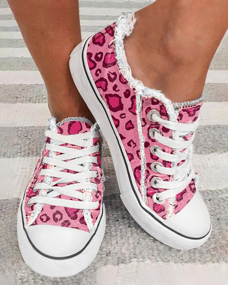 

Valentine's Day Cheetah Print Lace-up Fringe Hem Canvas Sneakers, Pink