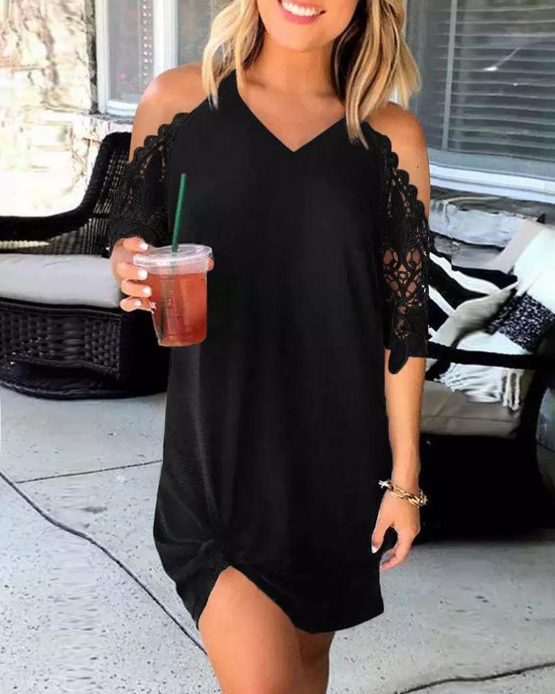 

Cold Shoulder Lace Patch Casual Dress, Black