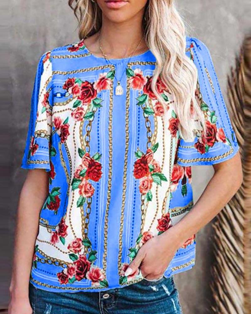 

Floral Chain Print Half Sleeve Casual Top, Blue