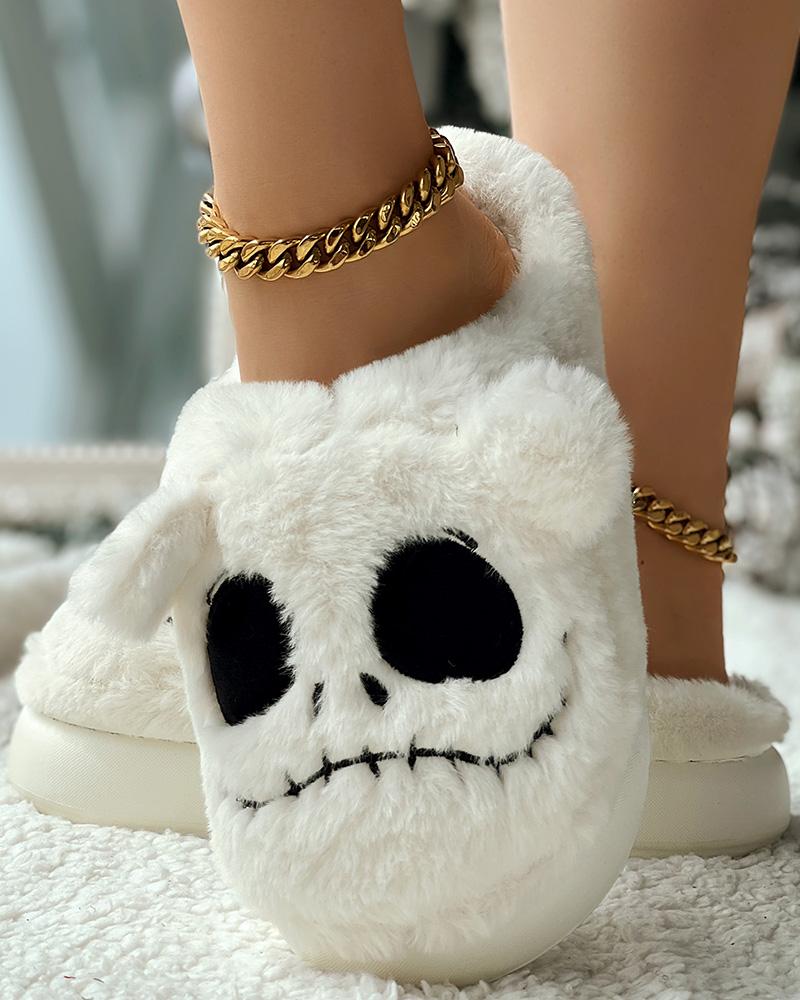 

Halloween Cartoon Skull Face Platform Fuzzy Comfy Slippers, White