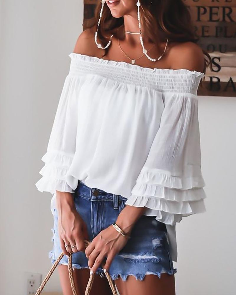 

Off Shoulder Shirred Frill Hem Layered Top, White