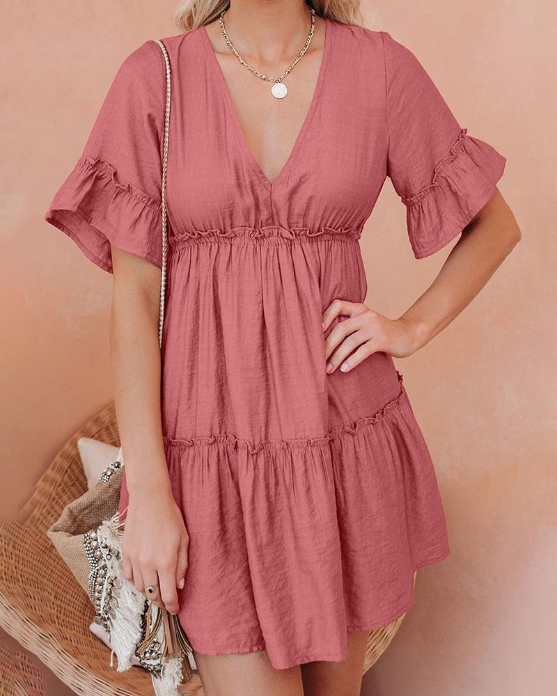 

Deep-V Open Back Ruffles Casual Women Dress, Hot pink