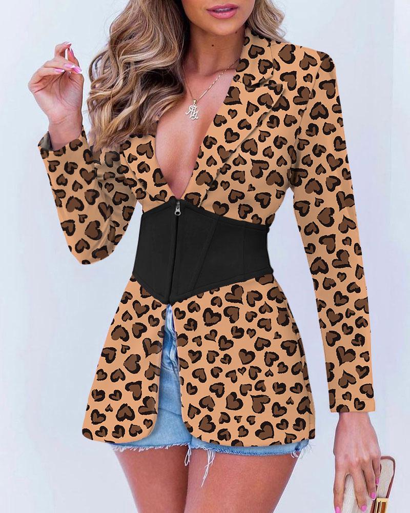 

Heart Print Lapel Collar Zipper Corset Blazer, Multicolor