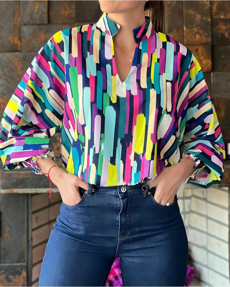 

Geometric Print Lantern Sleeve Top, Multicolor