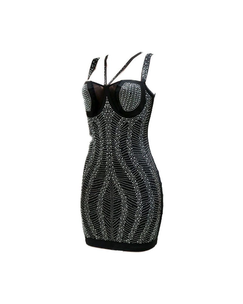 

Rhinestone Decor Open Back Bodycon Dress, Black