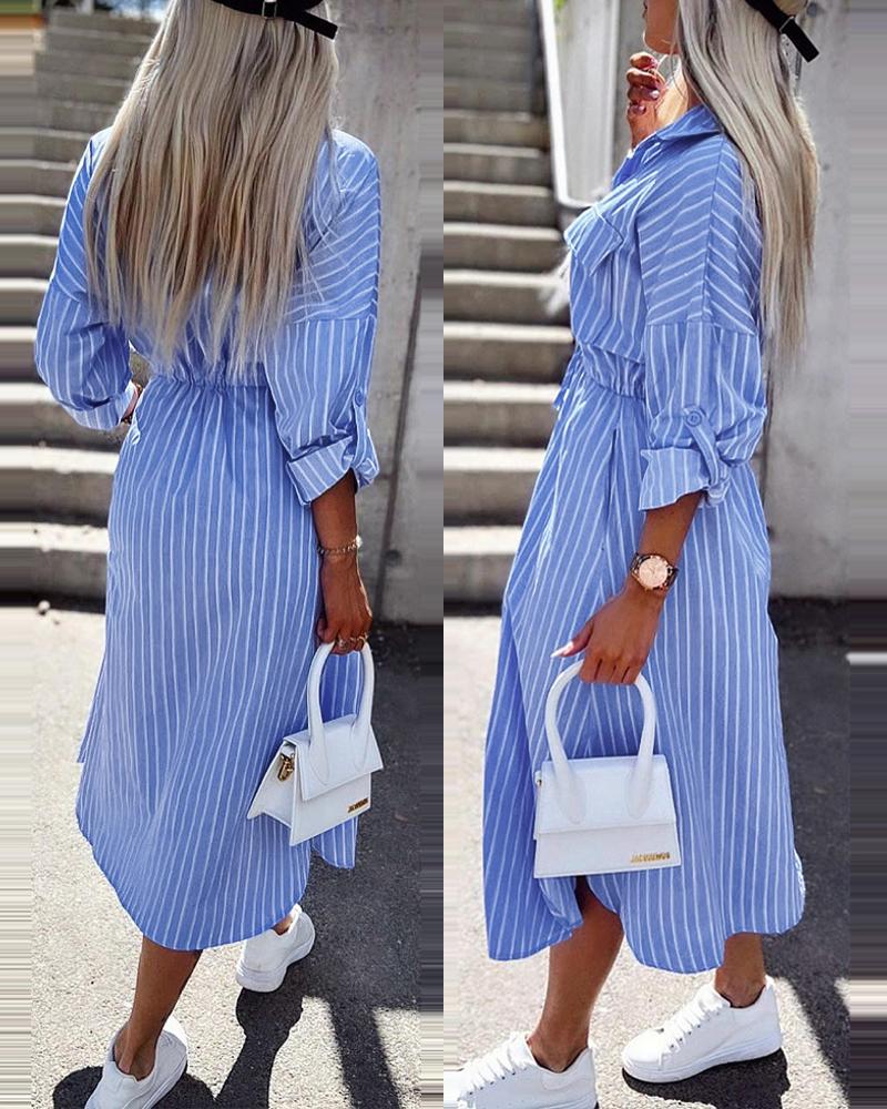 

Striped Drawstring Roll Up Sleeve Shirt Dress, Blue