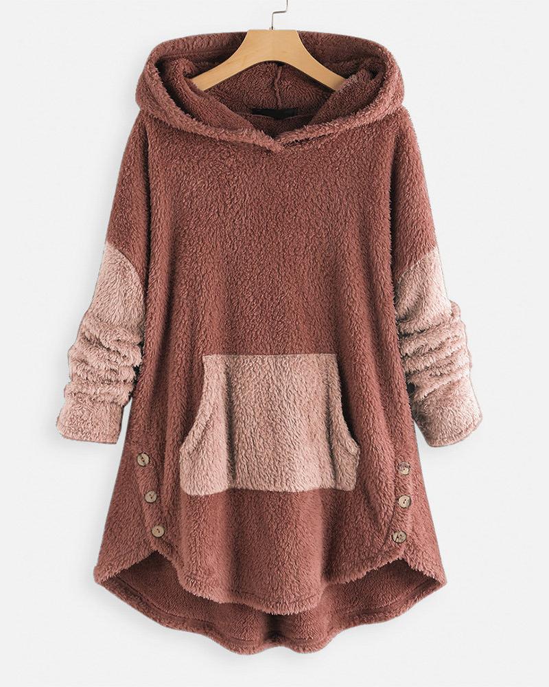 

Patchwork Long Sleeve Button Design Fluffy Hoodie, Pink