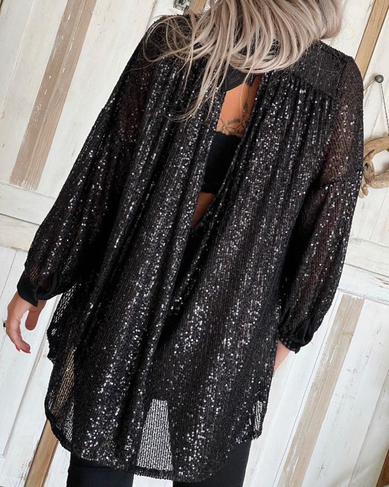

Tied Detail Ruched Sequins Top, Black