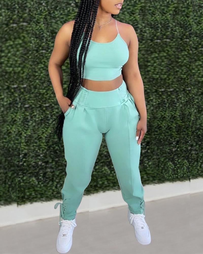 

Solid Crop Cami Top & Lace-up Hem Pants Set, Green