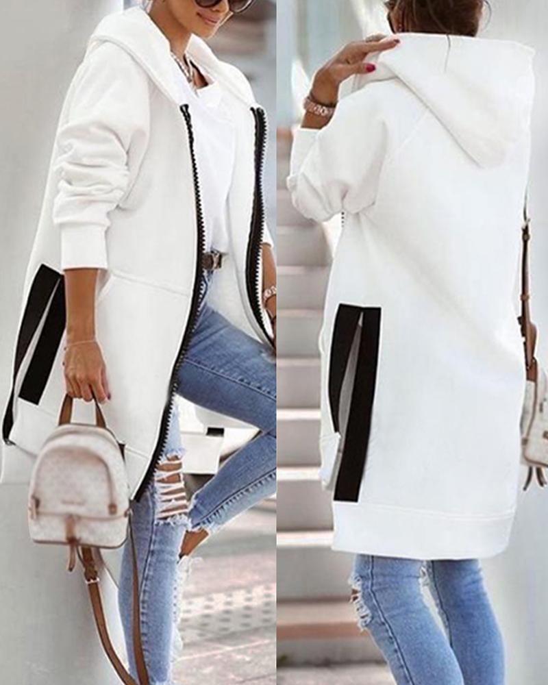 

Colorblock Zip Up Long Sleeve Hooded Coat, White