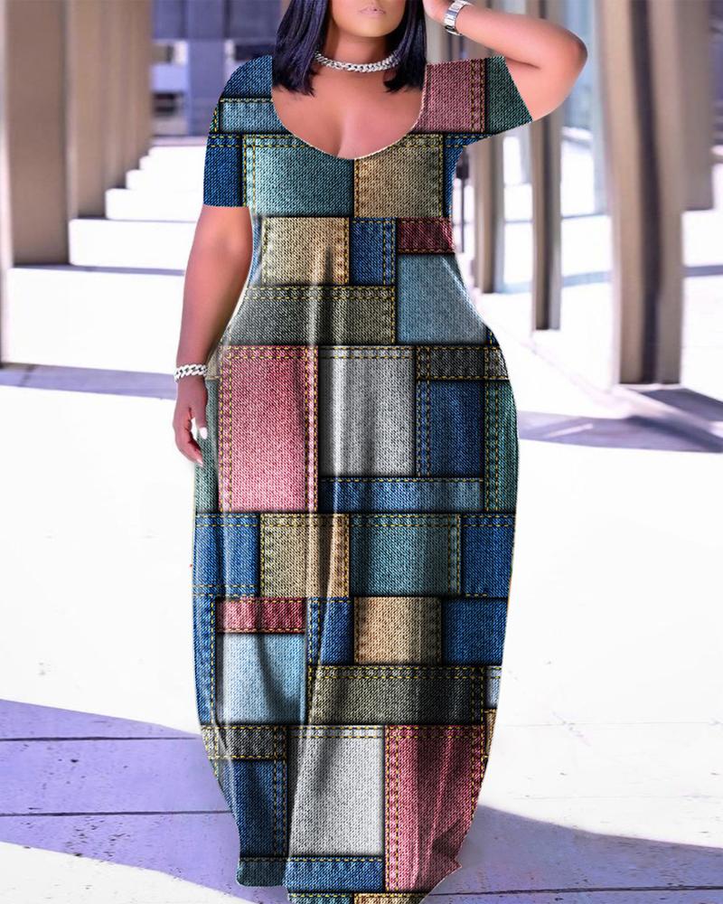 

Plus Size Denim Look Print Casual Maxi Dress, Blue