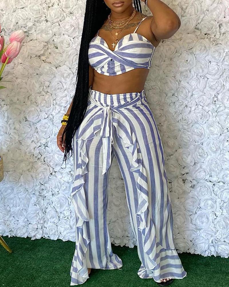 

Striped Crop Top & Ruffle Hem Pants Set, Gray