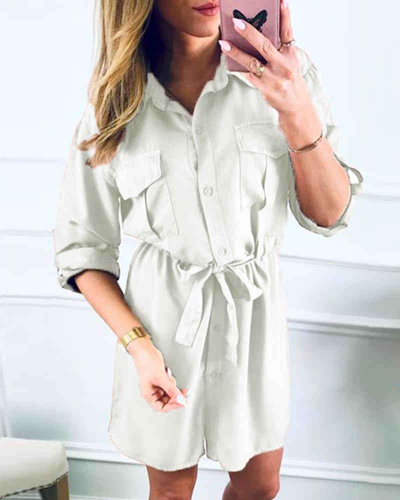 

Turn-down Collar Buttoned Cargo Dress, White