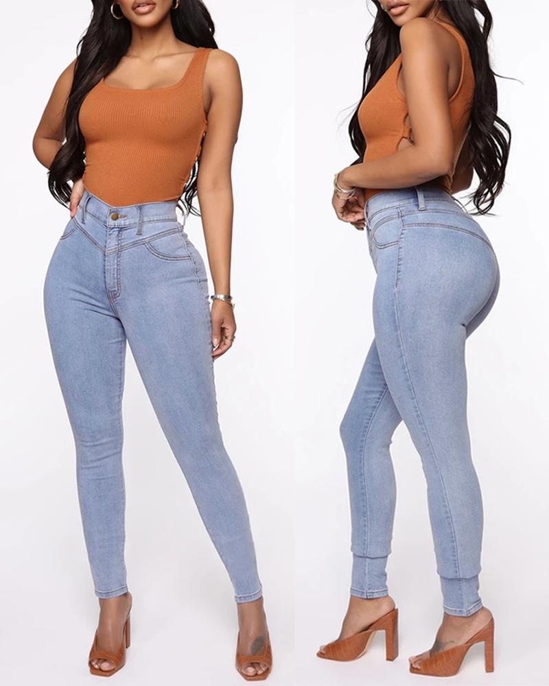 

High Waist Single Button Pocket Design Skinny Jeans, Light blue