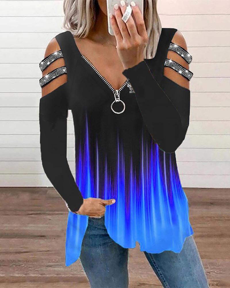 

Ombre Colorblock Rhinestone Strap Cutout Zip Front Top, Blue