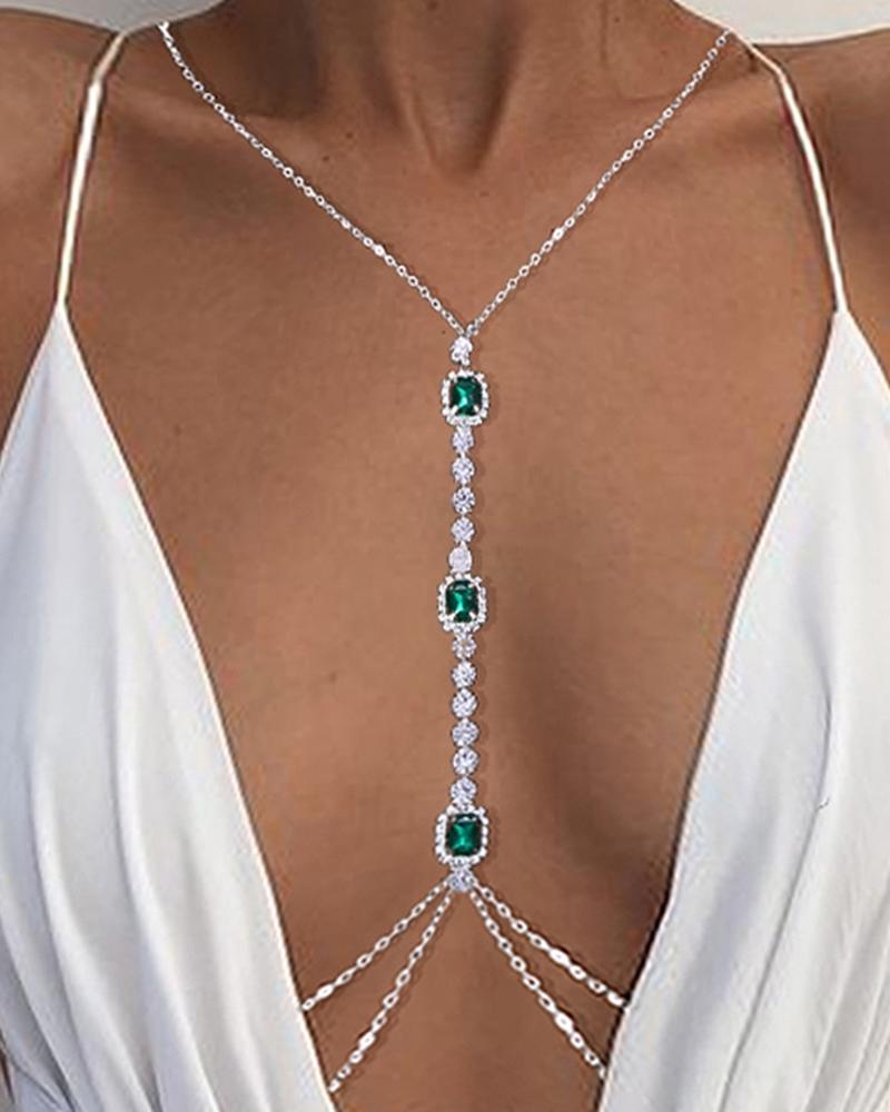 

1pc Gem Stone Rhinestone Decor Layered Bikini Bra Body Chain, Silver