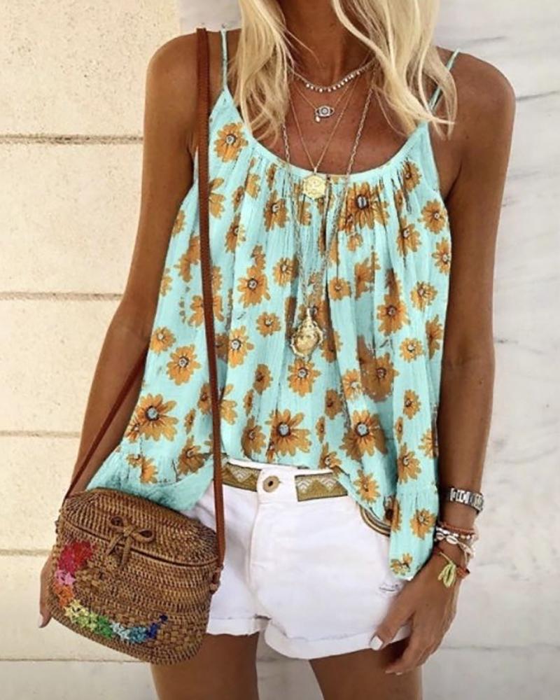 

Daisy Print Spaghetti Strap Casual Top, Green