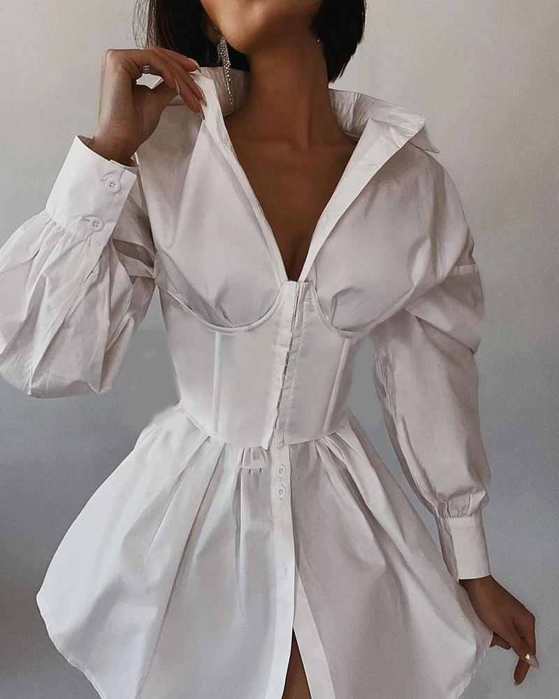 

Zipper Button Design Long Sleeve Corset Shirt Dress, White