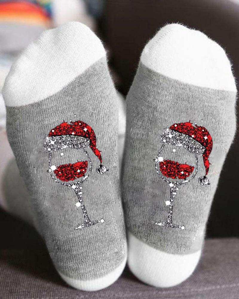 

1Pair Christmas Wine Glass Print Colorblock Crew Socks, Style3