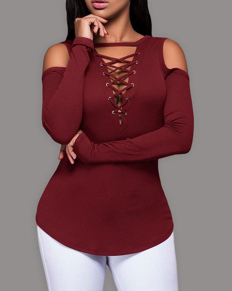 

Eyelet Lace-up Cold Shoulder Long Sleeve Top, Wine red