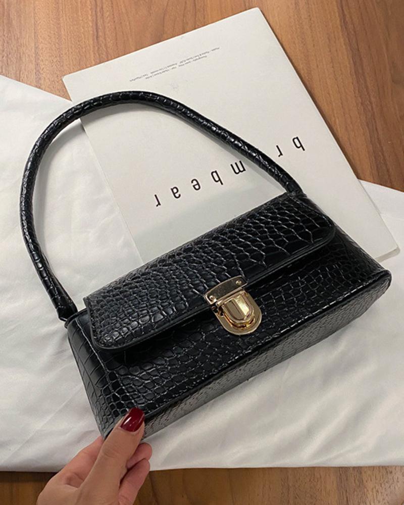 

Crocodile Top Handle Press Lock Handbag, Black