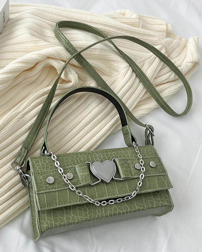 

Chain Decor Heart Belted Rectangular Satchel Bag, Green