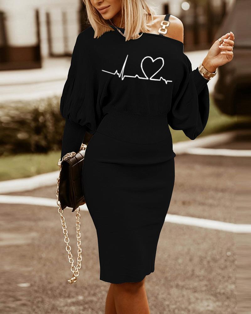 

Heart Print Lantern Sleeve Cold Shoulder Work Dress, Black
