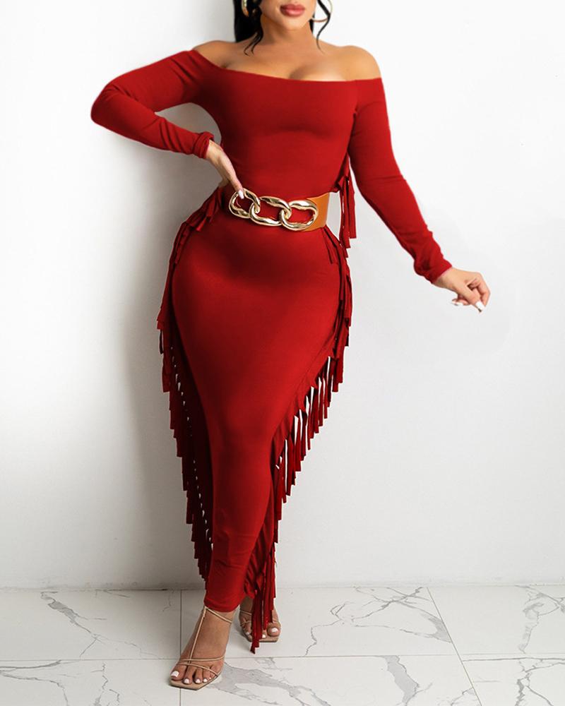 

Off Shoulder Tassel Trim Bodycon Dress, Red