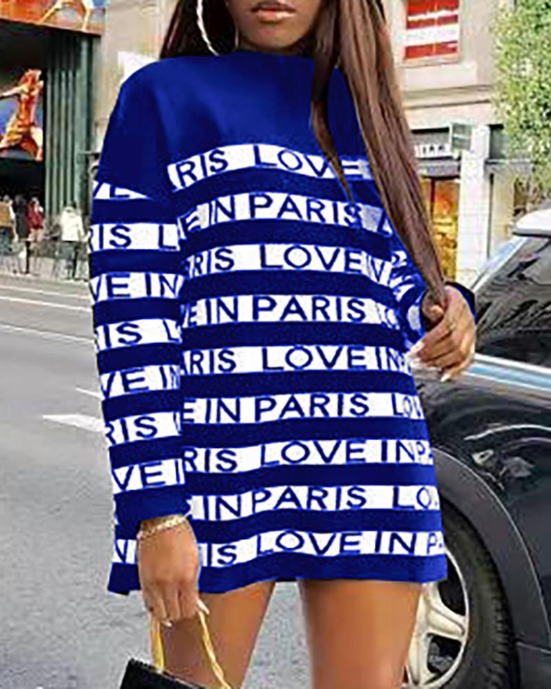 

Letter Print Long Sleeve Sweatshirt Dress, Blue
