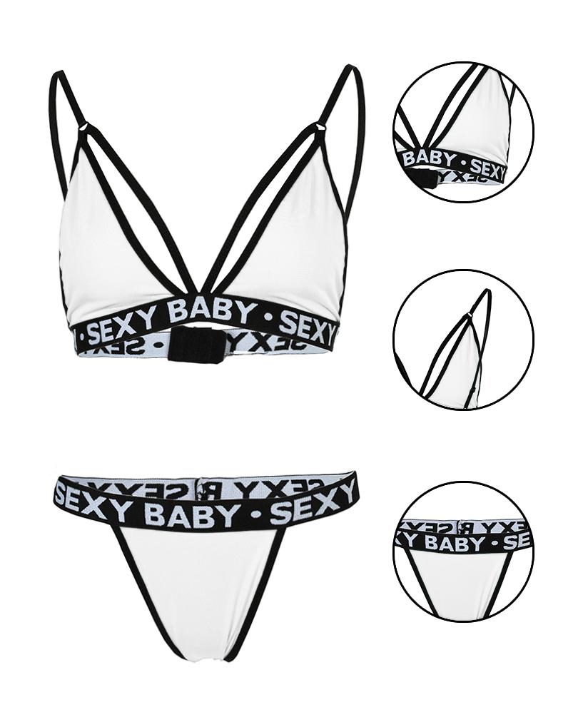 

Cutout V-Neck Letter Trim Lingerie Set, White