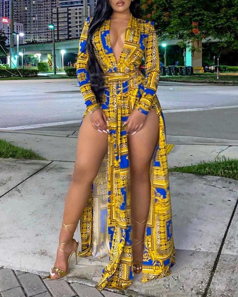 

Plunge Scarf Print High Slit Maxi Dress, Yellow