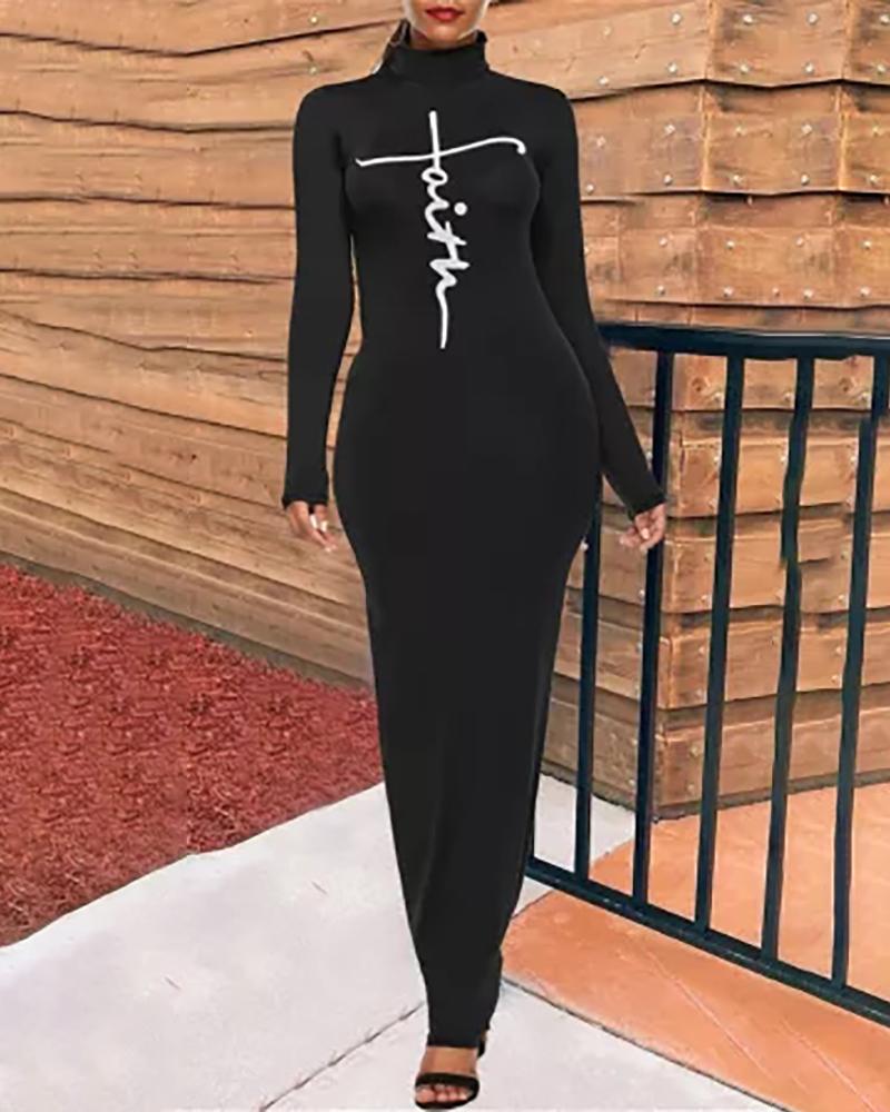 

Letter Print Long Sleeve Skinny Maxi Dress, Black