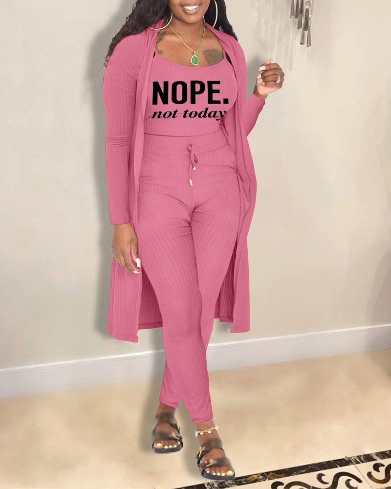 

3PCS Letter Print Ribbed Cami Top & Pants Set With Coat, Pink