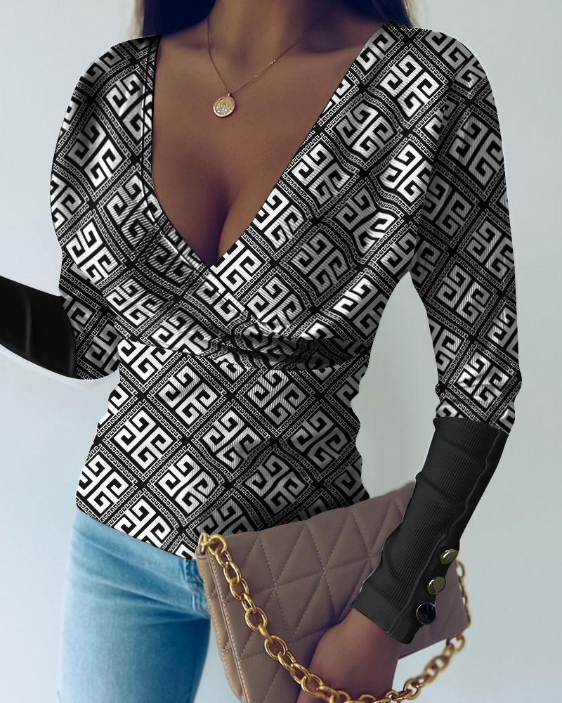 

Geo Print Long Sleeve Ribbed Top, Black