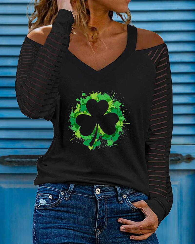 

St. Patrick' Day Lucky Shamrock Print Cold Shoulder Top, Black
