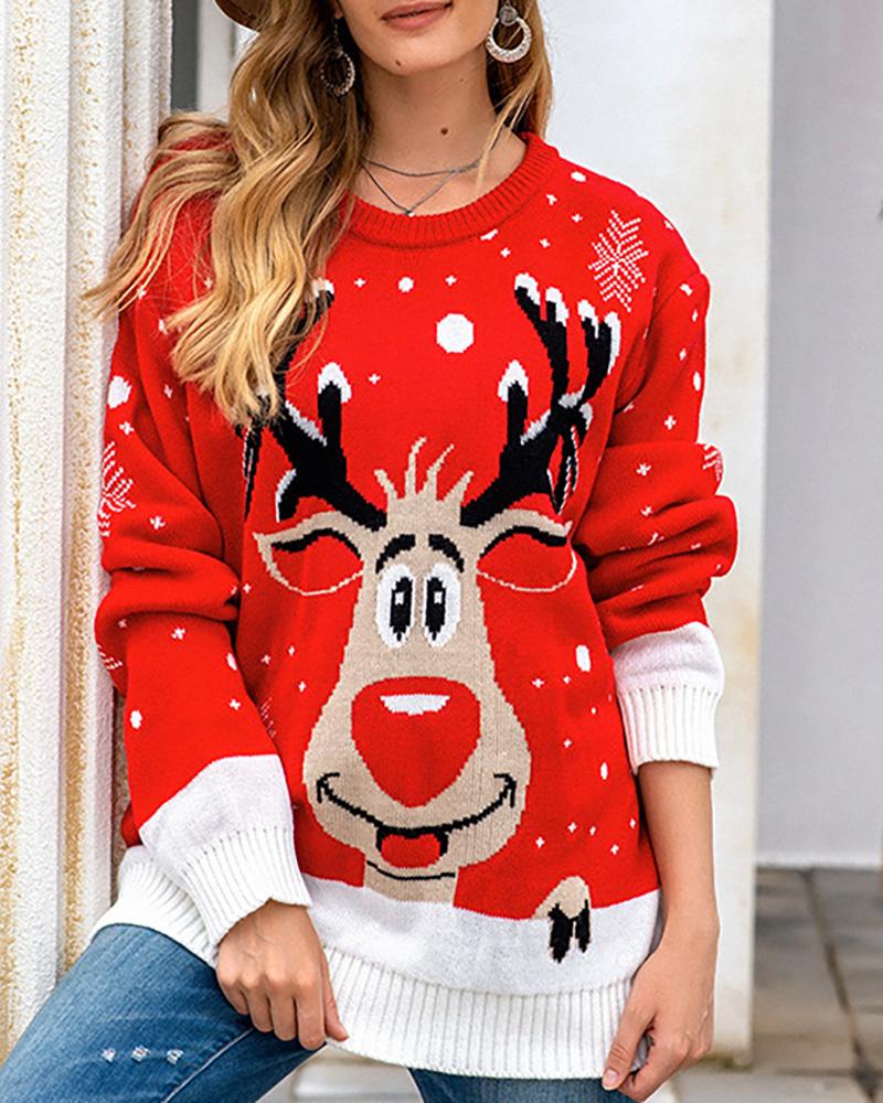 

Christmas Moose Print Long Sleeve Sweater, Red
