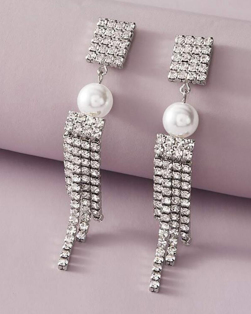 

1Pair Studded Tassel Beaded Drop Earrings, Silver