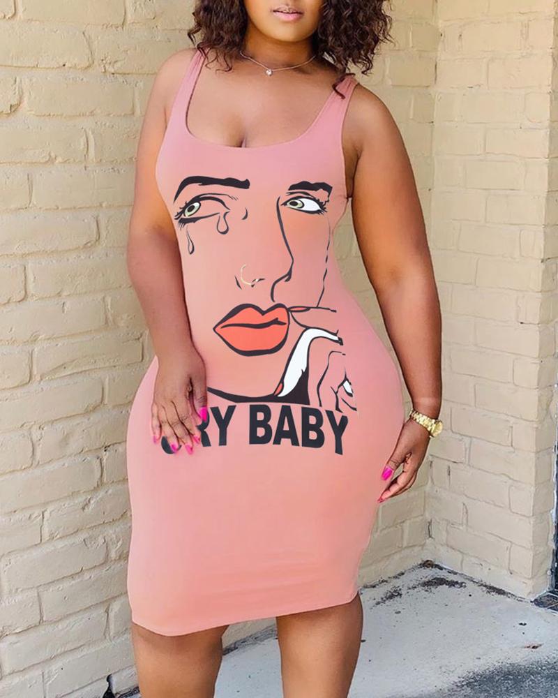 

Figure Letter Print Sleeveless Bodycon Dress, Pink