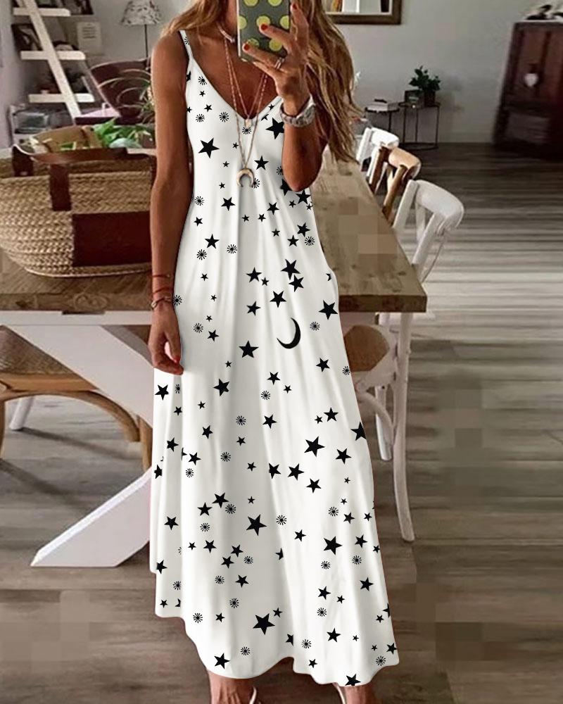 

Spaghetti Strap Moon Star Print Maxi Dress, White