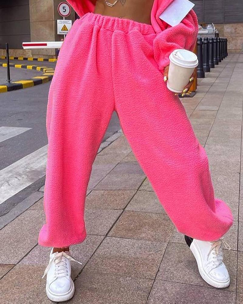 

Fuzzy Plain Casual Cuffed Pants, Hot pink