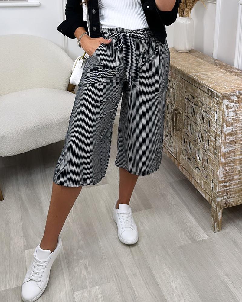

Striped Tied Detail Capris Pants, Black